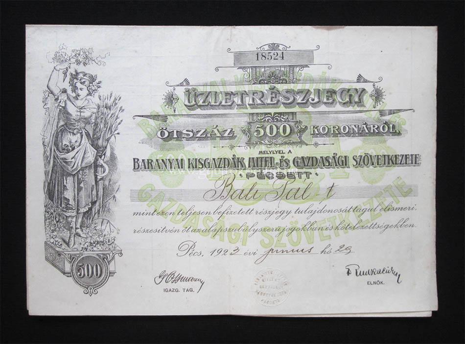 Baranyai Kisgazdák Szövetkezete üzletrész 500 korona 1923 Pécs